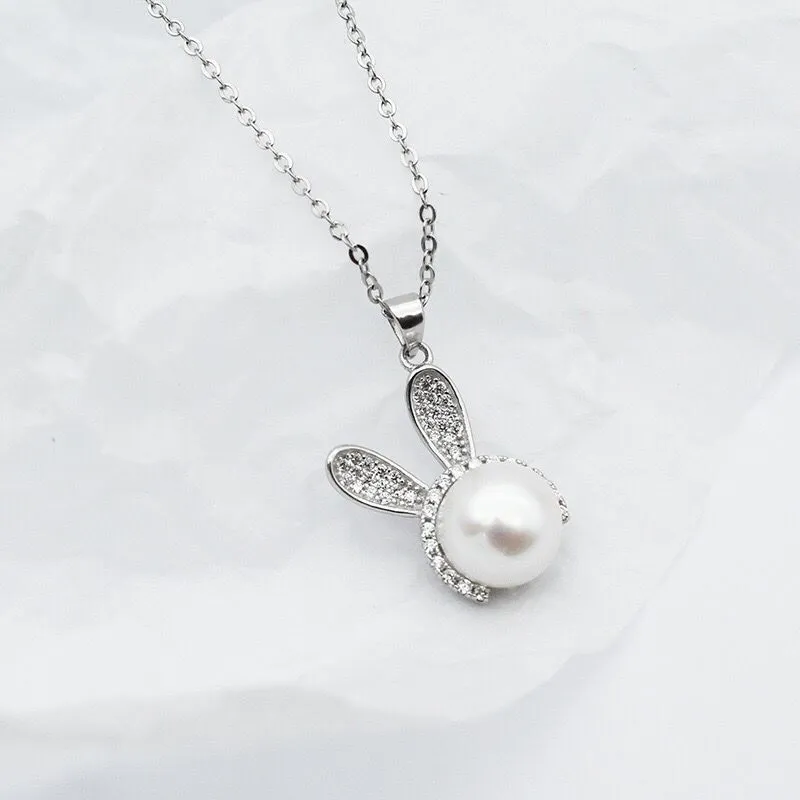 Luxury cute rabbit with pearl silver earrings and necklace set white colour for women
