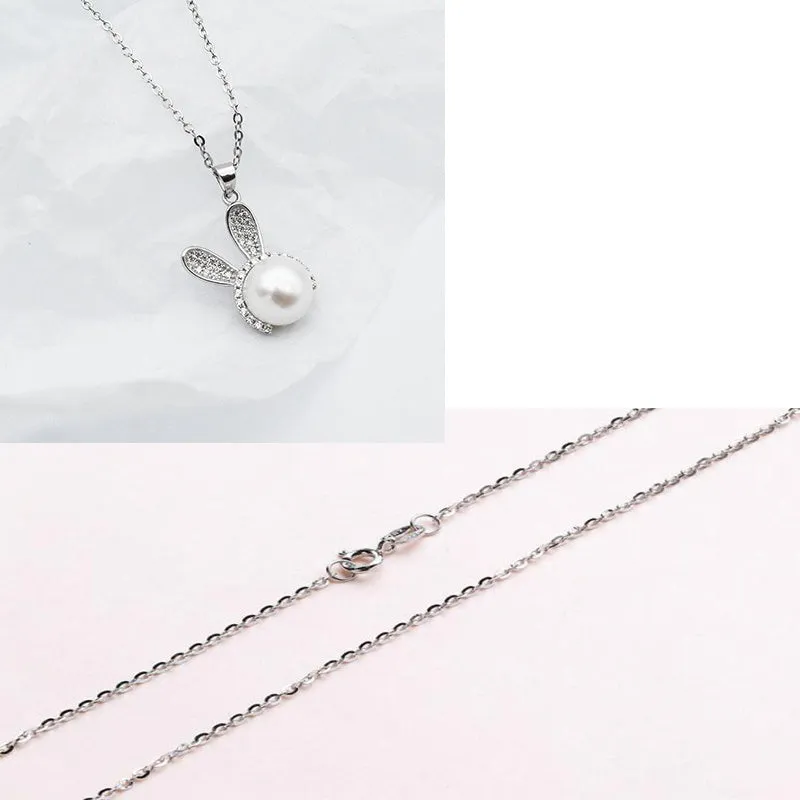 Luxury cute rabbit with pearl silver earrings and necklace set white colour for women