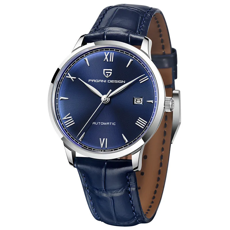Men's automatic mechanical watch 12mm black dial with leather strap on wrist