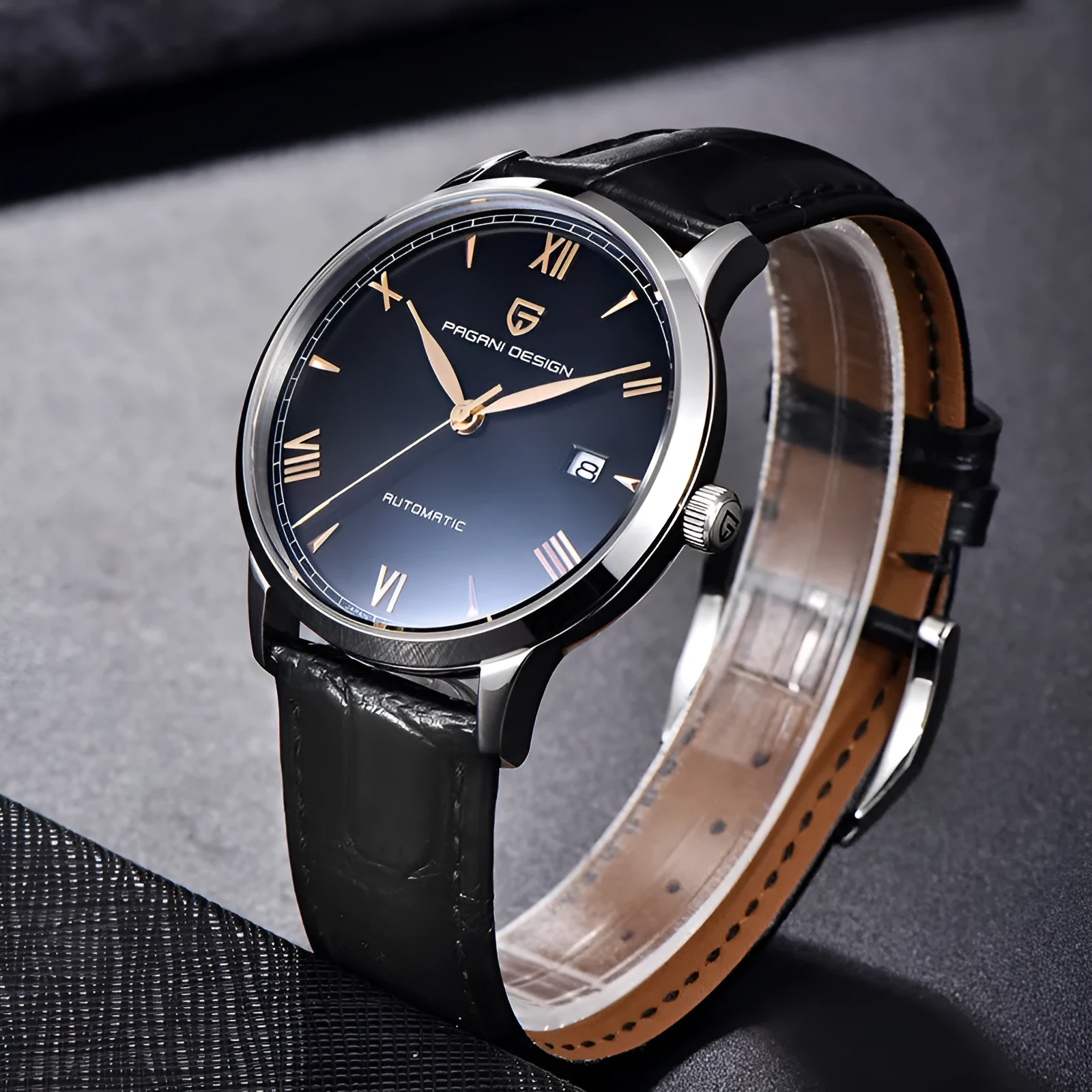Men's automatic mechanical watch 12mm black dial with leather strap on wrist