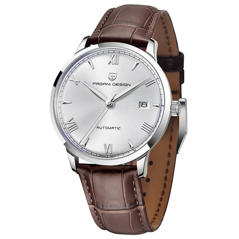 Men's automatic mechanical watch 12mm black dial with leather strap on wrist