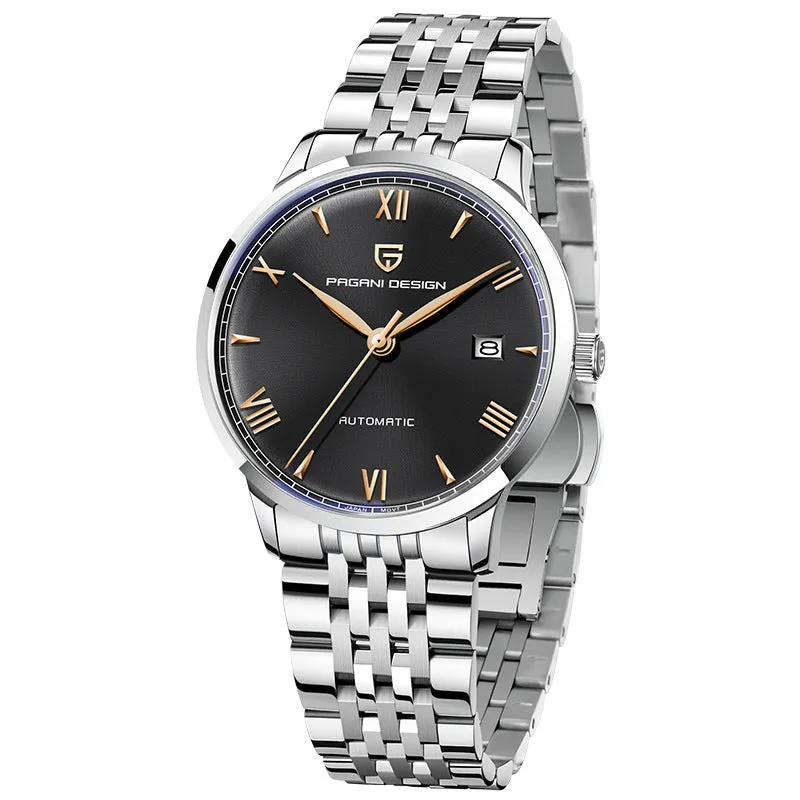 Men's automatic mechanical watch 12mm black dial with leather strap on wrist