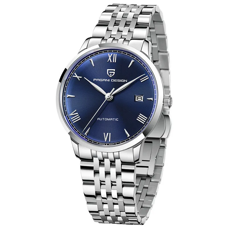 Men's automatic mechanical watch 12mm black dial with leather strap on wrist
