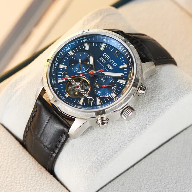 Men's multi-functional hollowed fashion watch with date display, steel strap, silver blue colour