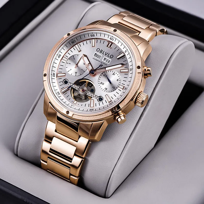 Men's multi-functional hollowed fashion watch with date display, steel strap, silver blue colour