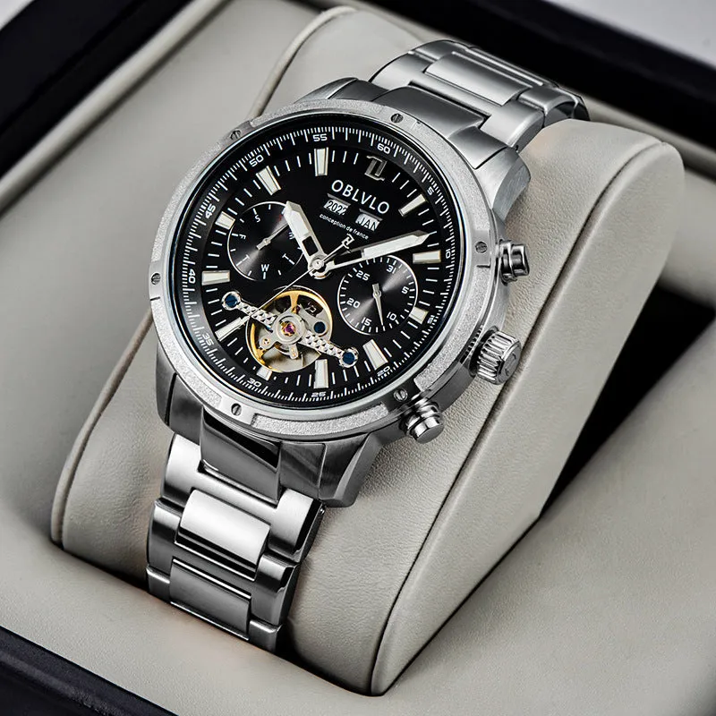 Men's multi-functional hollowed fashion watch with date display, steel strap, silver blue colour