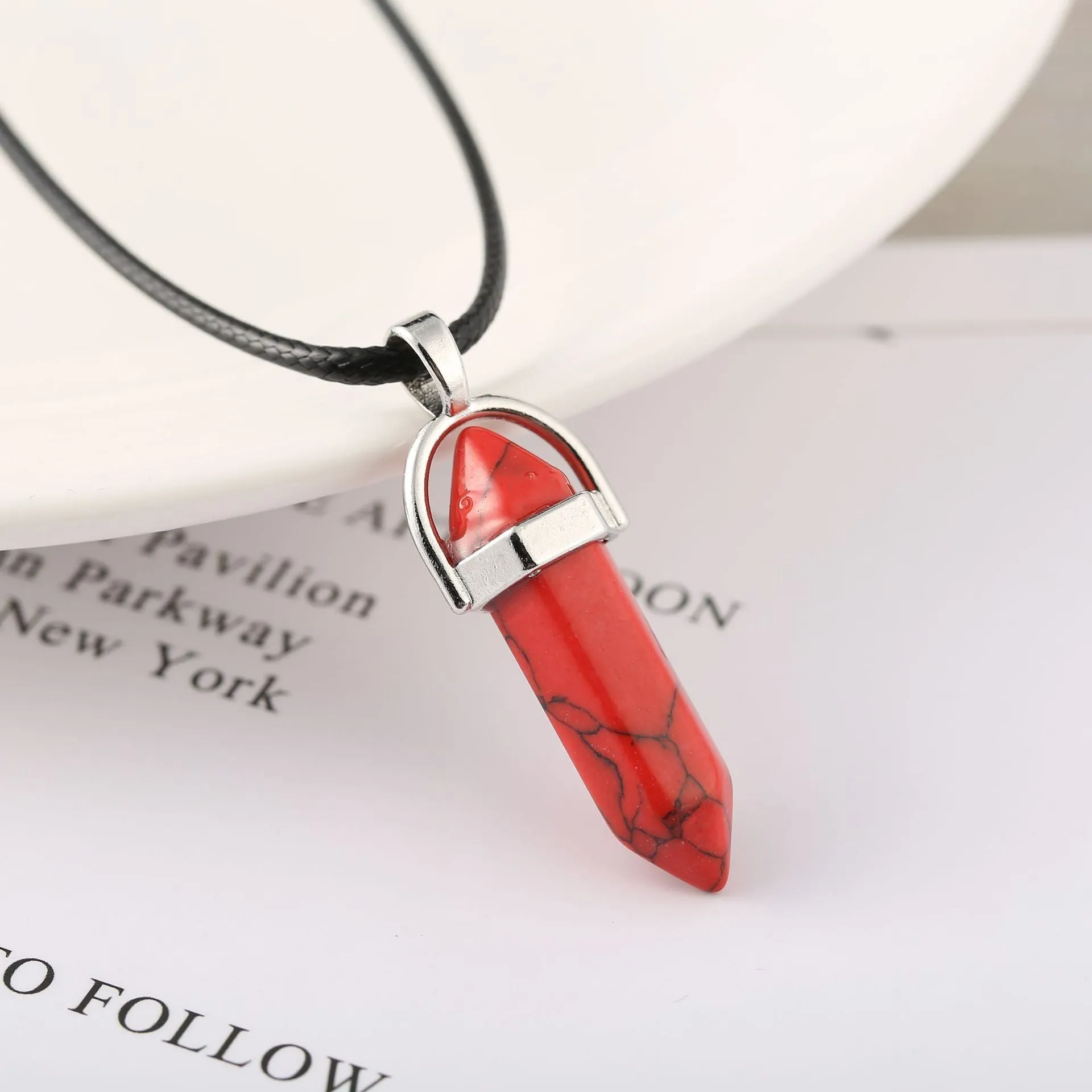 Natural stone bullet hexagon pillar pendant necklace on wax rope cord with extension chain