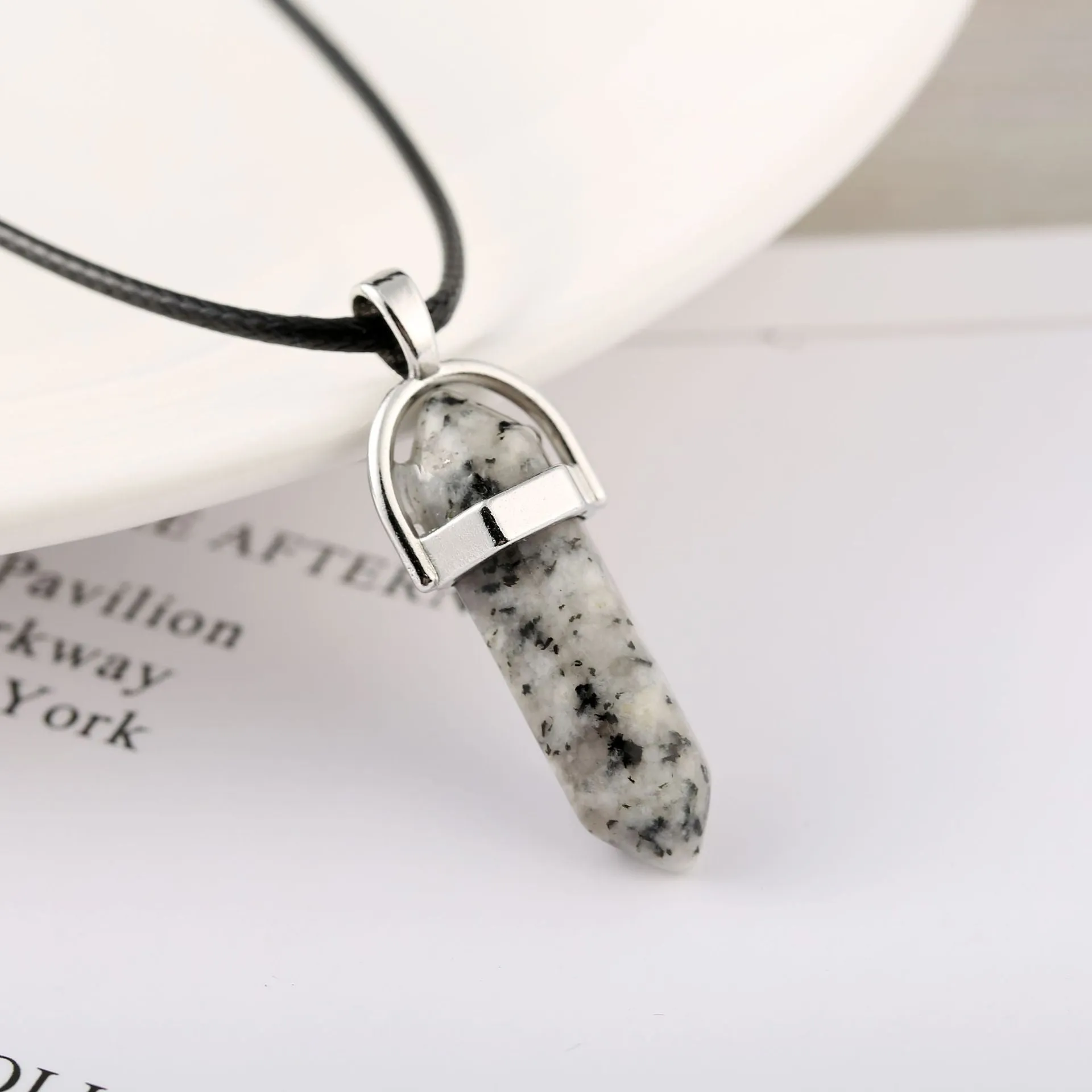 Natural stone bullet hexagon pillar pendant necklace on wax rope cord with extension chain
