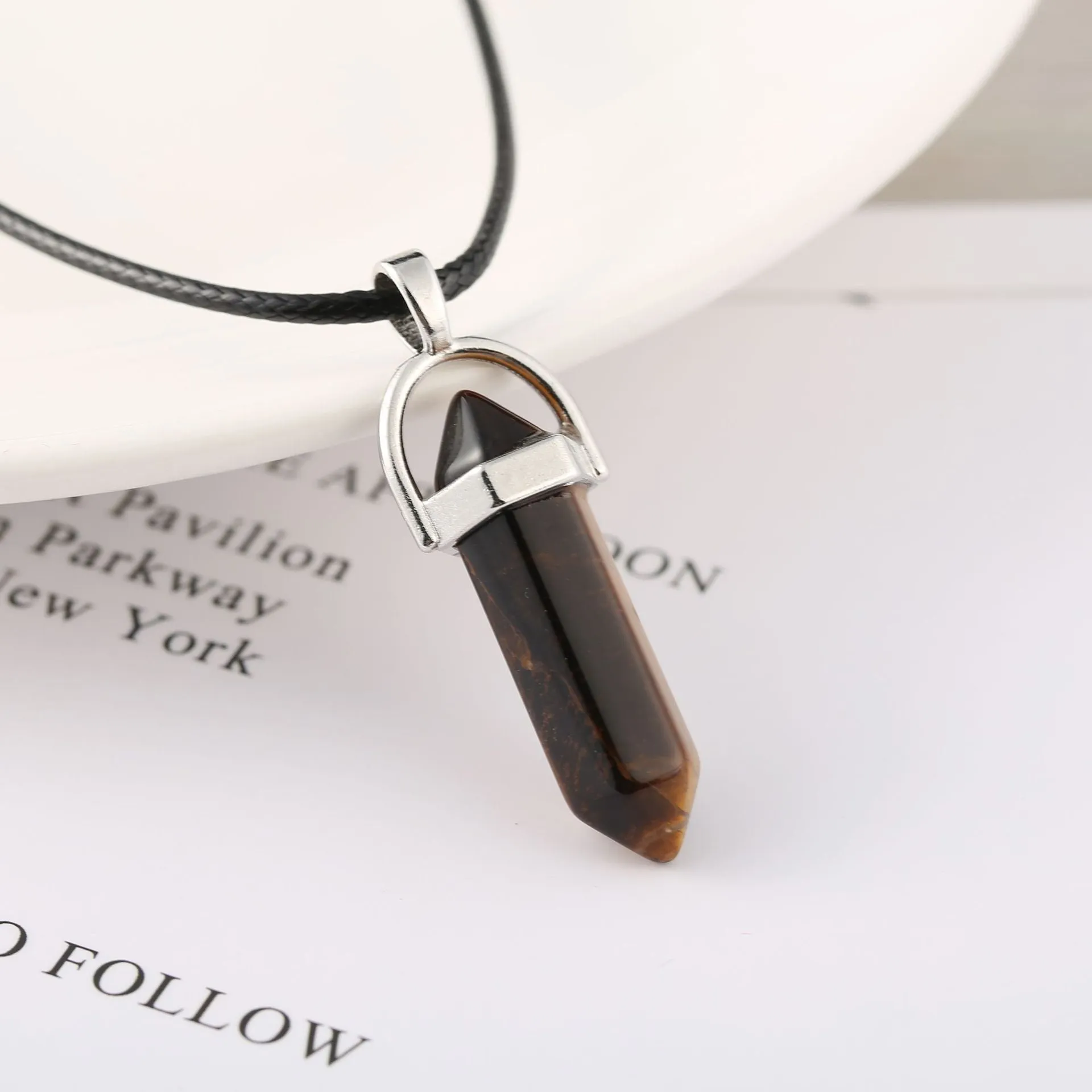 Natural stone bullet hexagon pillar pendant necklace on wax rope cord with extension chain