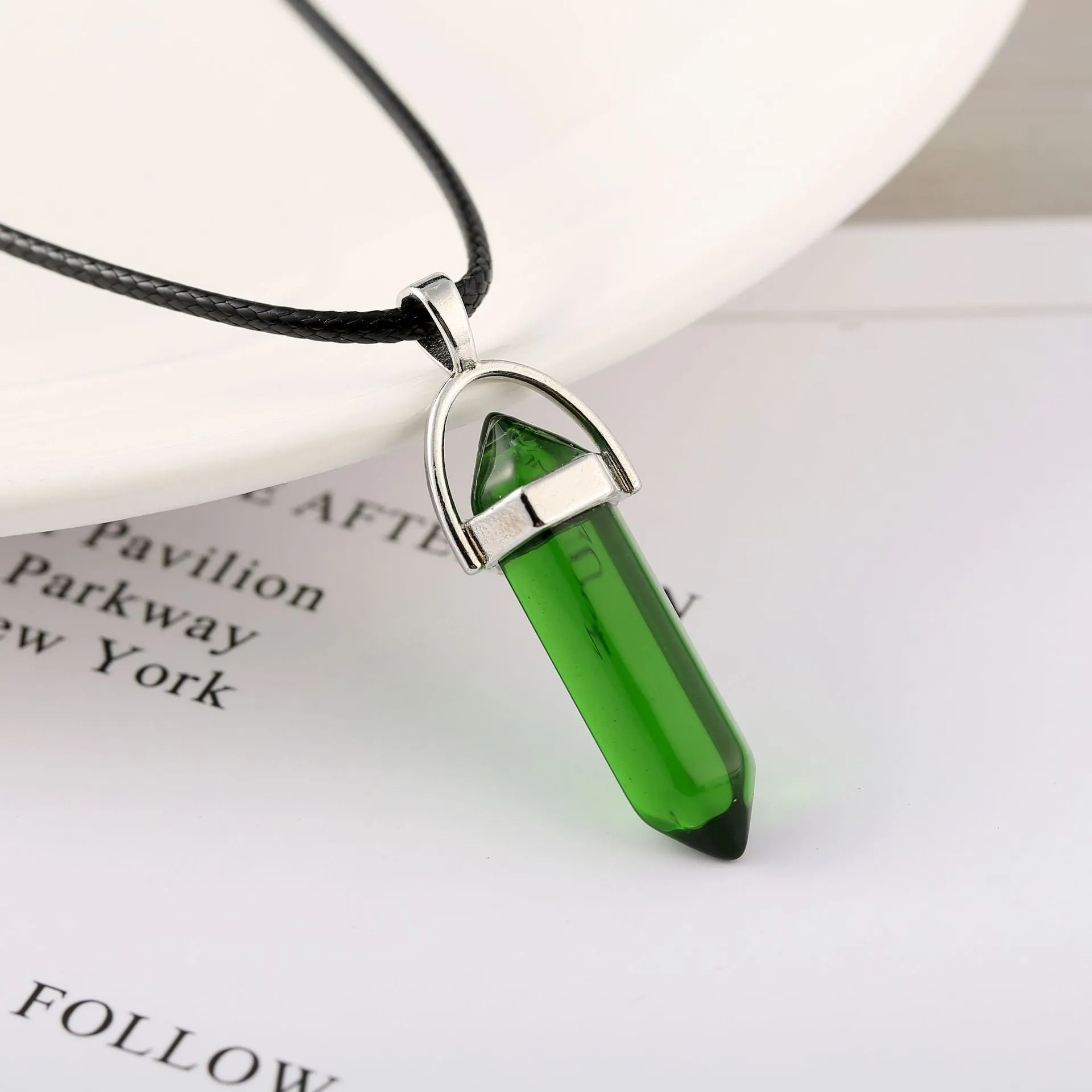 Natural stone bullet hexagon pillar pendant necklace on wax rope cord with extension chain