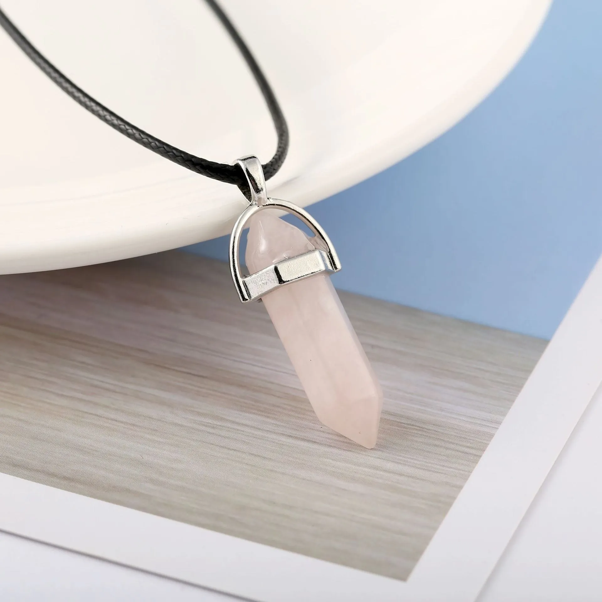 Natural stone bullet hexagon pillar pendant necklace on wax rope cord with extension chain