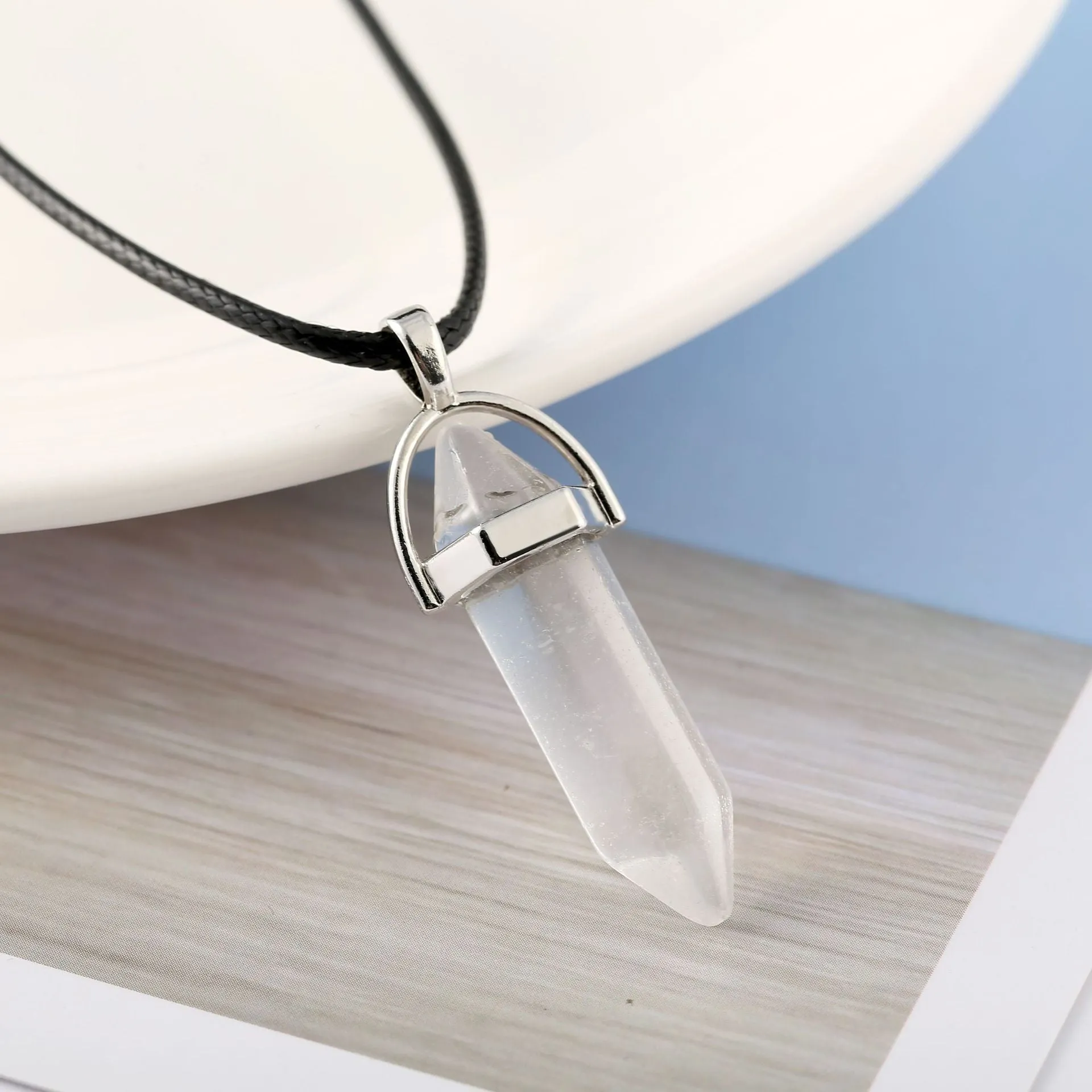 Natural stone bullet hexagon pillar pendant necklace on wax rope cord with extension chain