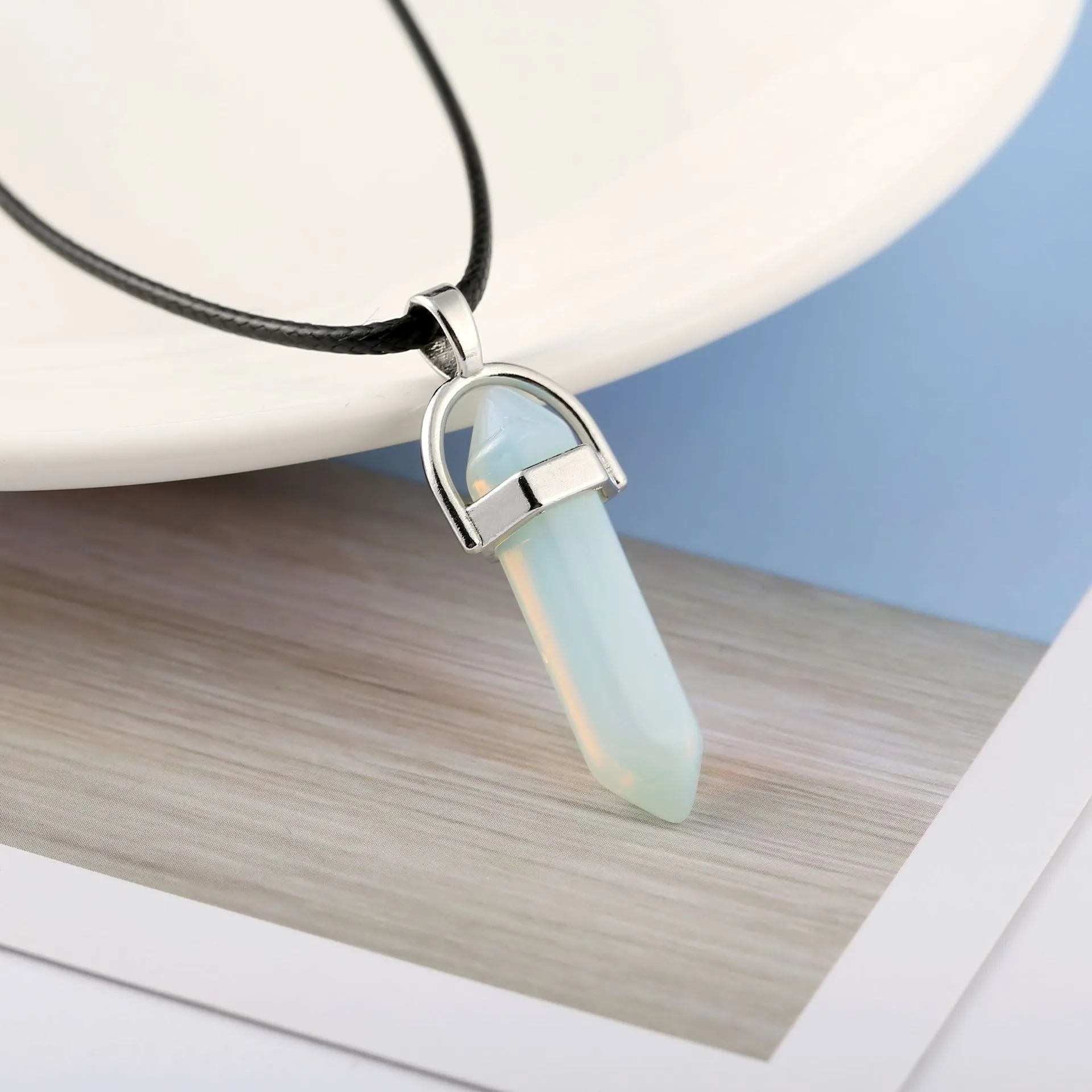 Natural stone bullet hexagon pillar pendant necklace on wax rope cord with extension chain