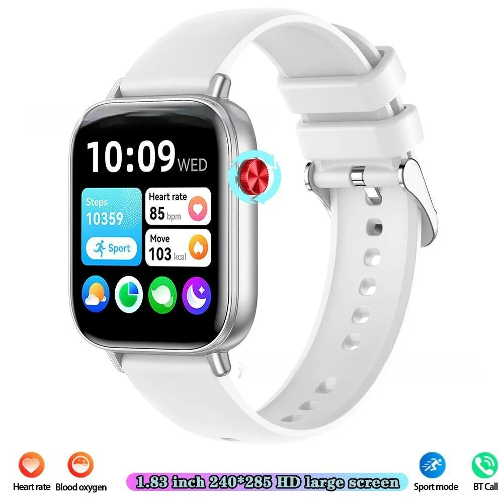 Smart watch with touch display showing pedometer and heart rate monitoring, silicone strap