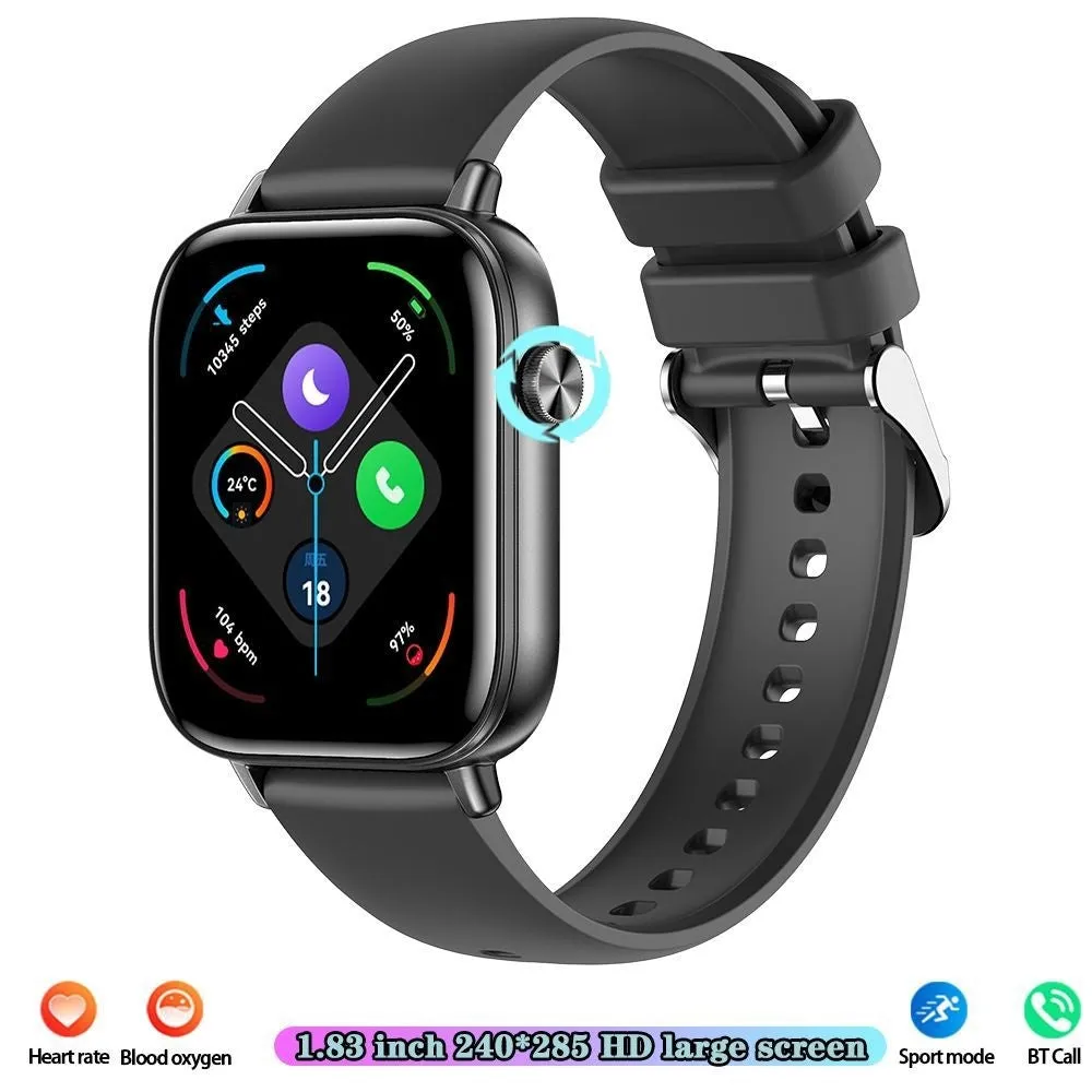 Smart watch with touch display showing pedometer and heart rate monitoring, silicone strap