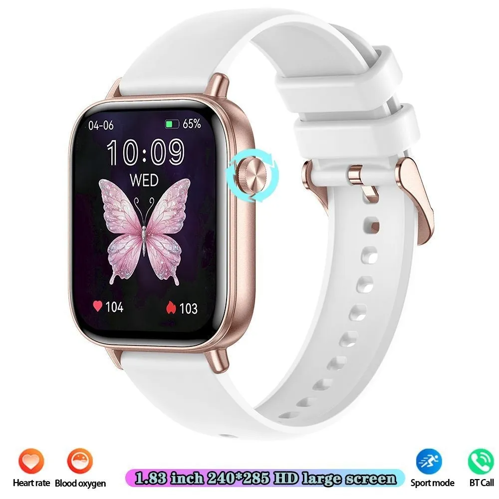 Smart watch with touch display showing pedometer and heart rate monitoring, silicone strap