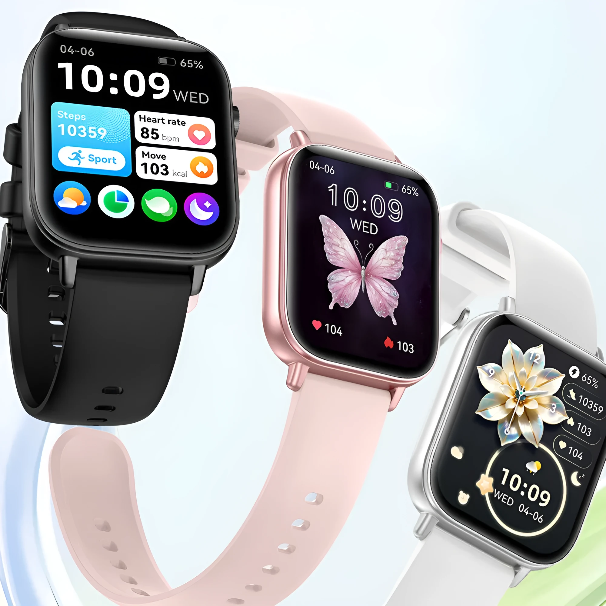 Smart watch with touch display showing pedometer and heart rate monitoring, silicone strap