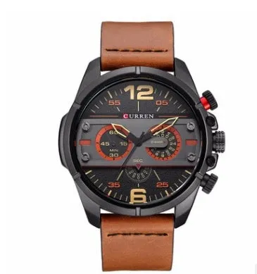 Men's army military watch with black dial, luminous hands, date display, and brown leather strap on wrist