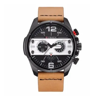 Men's army military watch with black dial, luminous hands, date display, and brown leather strap on wrist