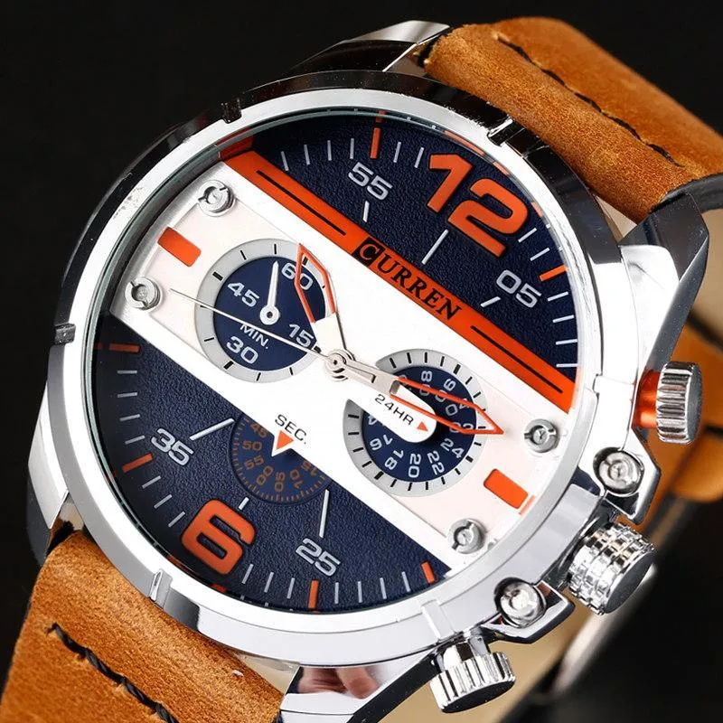 Men's army military watch with black dial, luminous hands, date display, and brown leather strap on wrist