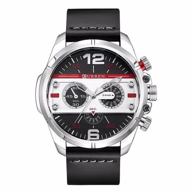 Men's army military watch with black dial, luminous hands, date display, and brown leather strap on wrist
