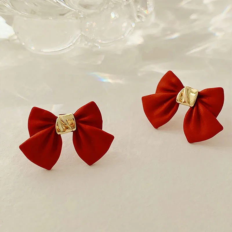 Gold-plated bow pearl earrings with gem inlay in pink, black, and red sweet Japanese Korean style