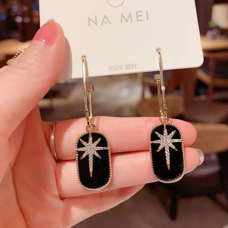 Gold-plated bow pearl earrings with gem inlay in pink, black, and red sweet Japanese Korean style