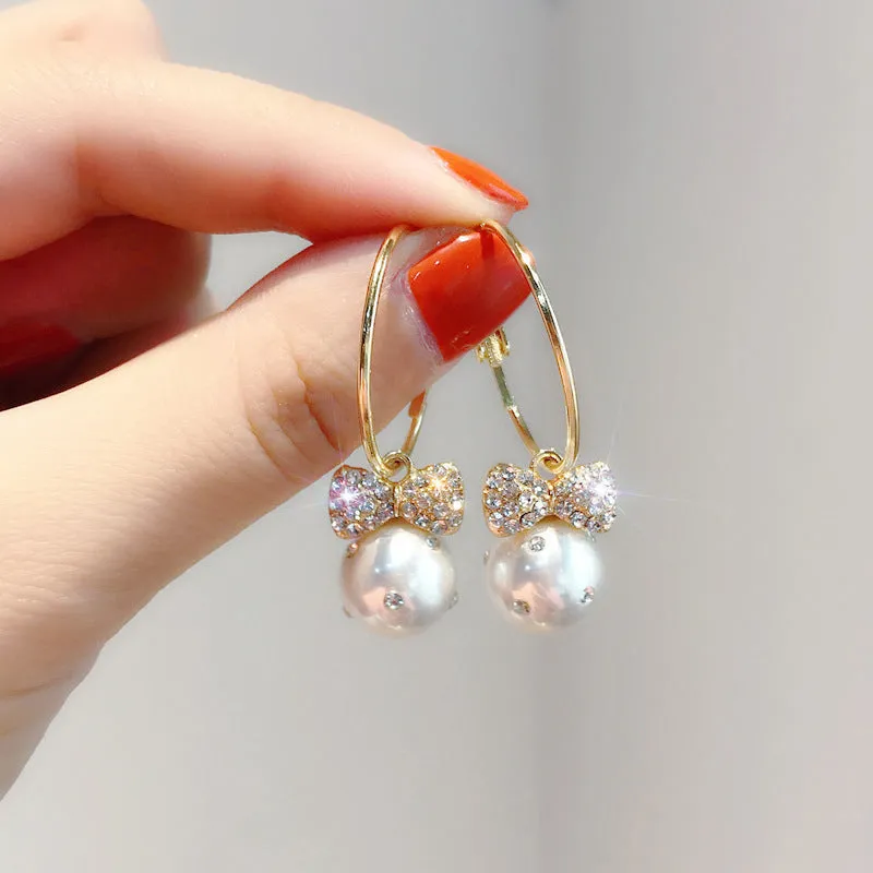 Gold-plated bow pearl earrings with gem inlay in pink, black, and red sweet Japanese Korean style