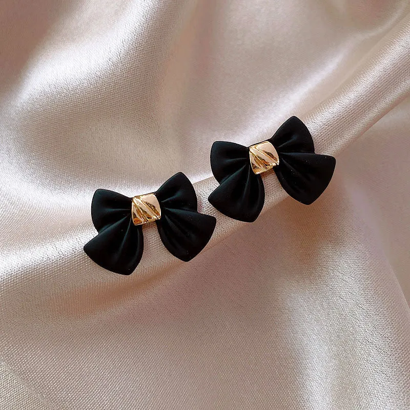 Gold-plated bow pearl earrings with gem inlay in pink, black, and red sweet Japanese Korean style