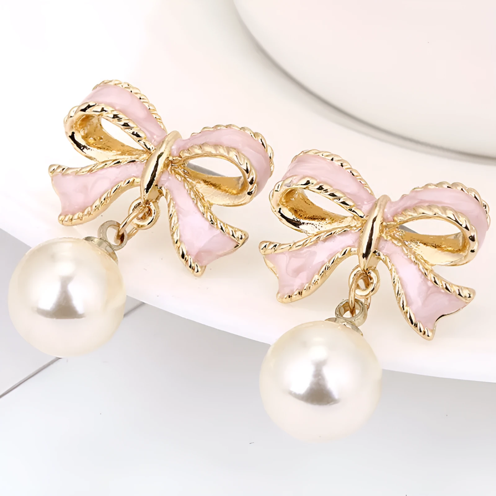Gold-plated bow pearl earrings with gem inlay in pink, black, and red sweet Japanese Korean style