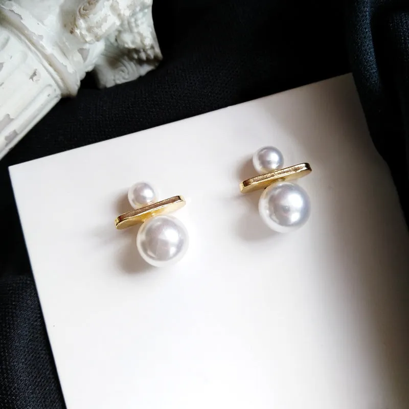 Gold-plated bow pearl earrings with gem inlay in pink, black, and red sweet Japanese Korean style