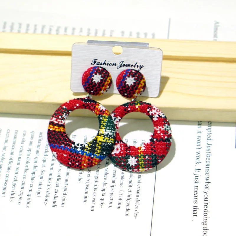 Women's cloth geometric round Christmas earrings with snowflake design, 4cm diameter