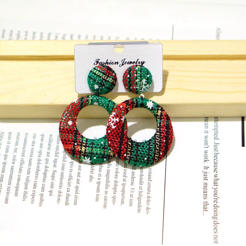 Women's cloth geometric round Christmas earrings with snowflake design, 4cm diameter