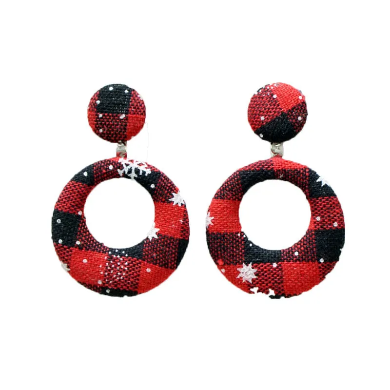 Women's cloth geometric round Christmas earrings with snowflake design, 4cm diameter