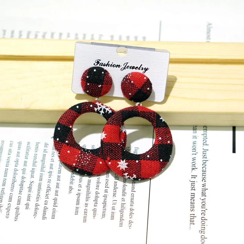 Women's cloth geometric round Christmas earrings with snowflake design, 4cm diameter