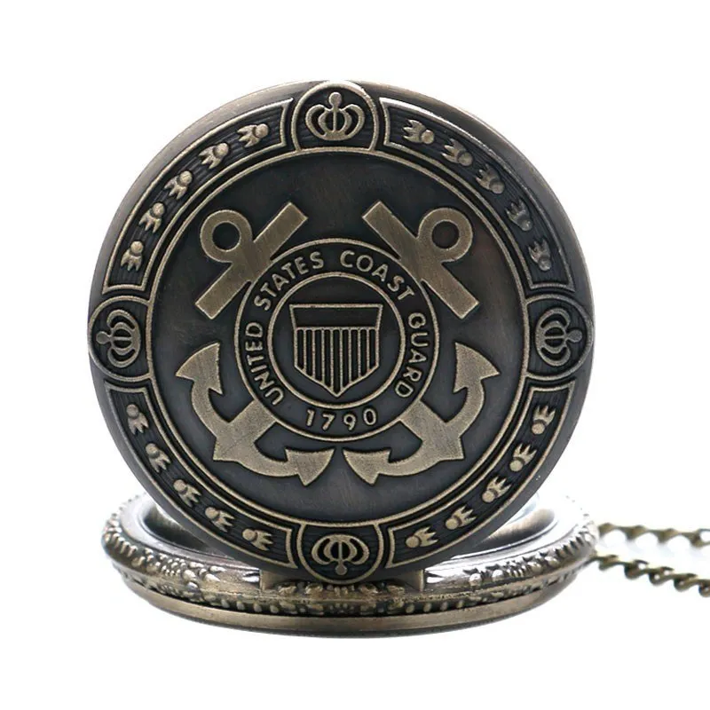 Bronze US Coast Guard 1790 pocket watch with chain, quartz movement, 4.8cm diameter