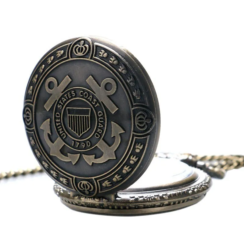 Bronze US Coast Guard 1790 pocket watch with chain, quartz movement, 4.8cm diameter