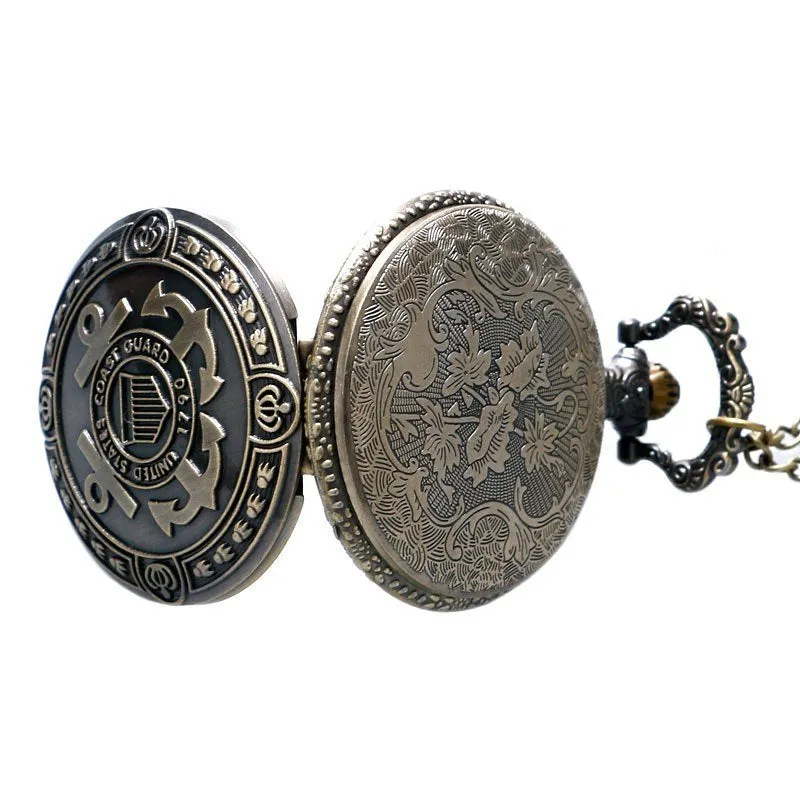Bronze US Coast Guard 1790 pocket watch with chain, quartz movement, 4.8cm diameter