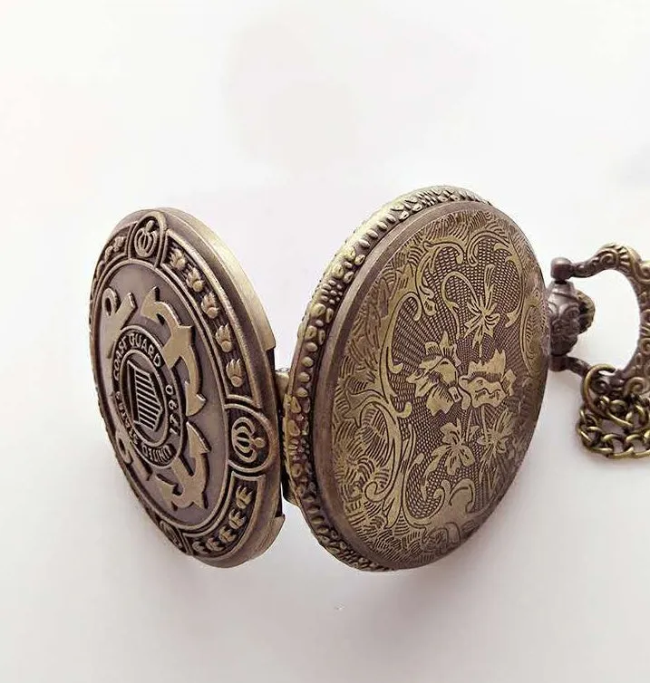 Bronze US Coast Guard 1790 pocket watch with chain, quartz movement, 4.8cm diameter