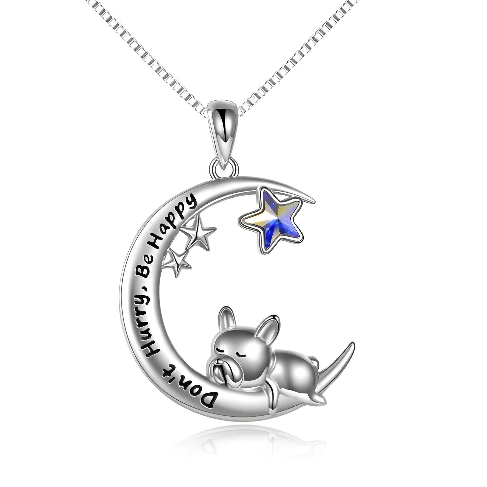 Sterling silver French Bulldog moon pendant necklace with crystal accent on 18-inch box chain