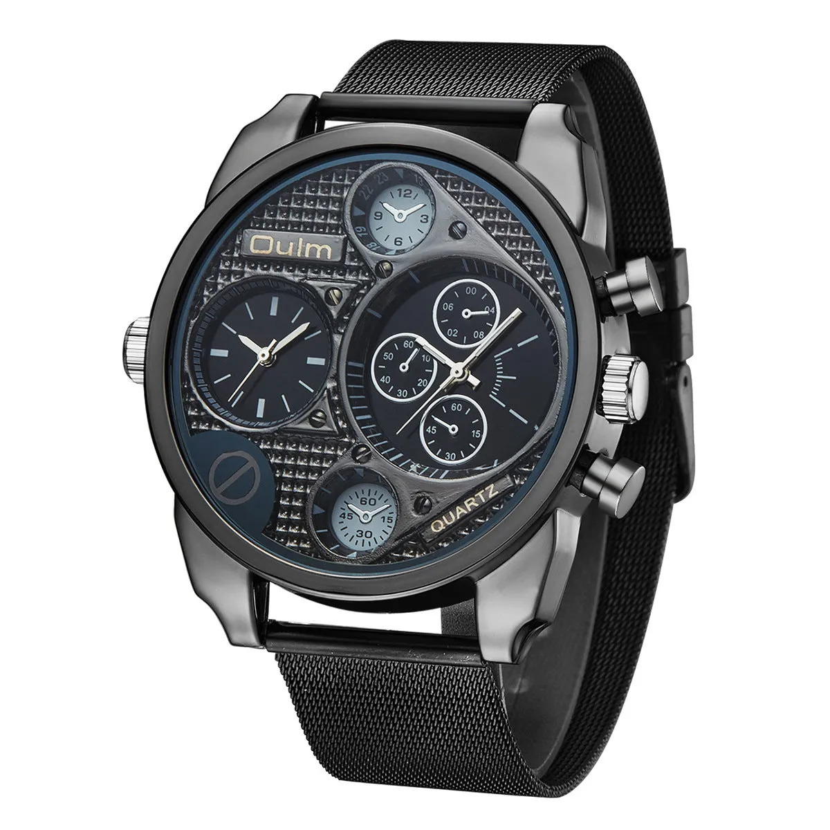 Men's watch with steel mesh belt, round alloy case, black dial, and pin buckle, 10mm thickness