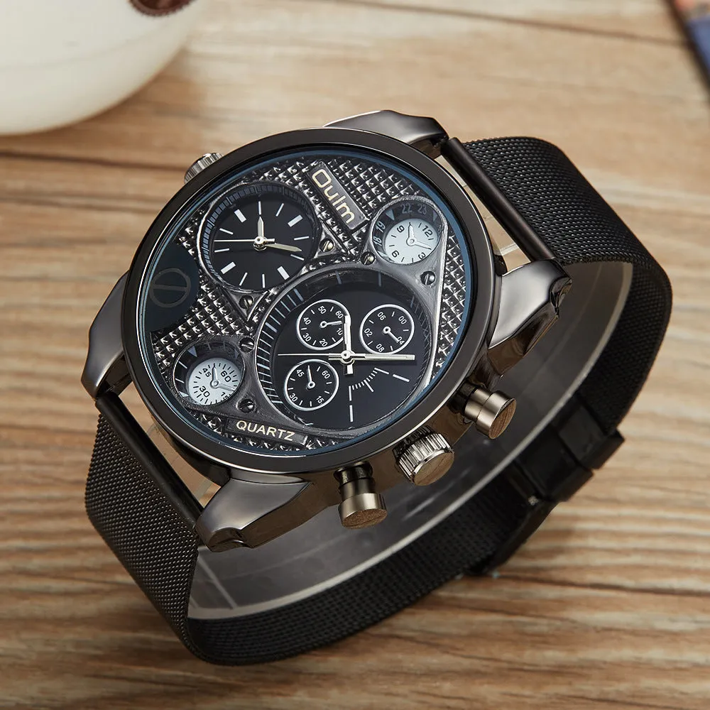 Men's watch with steel mesh belt, round alloy case, black dial, and pin buckle, 10mm thickness