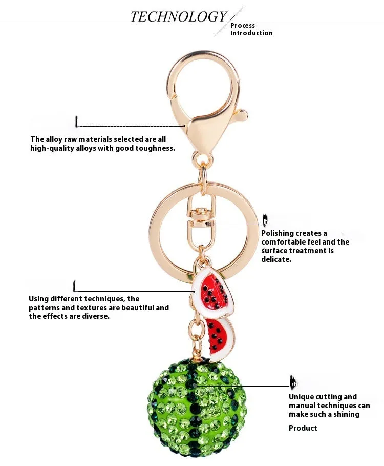 Green watermelon-shaped zinc alloy keychain with decorative accents, shown on a key ring.
