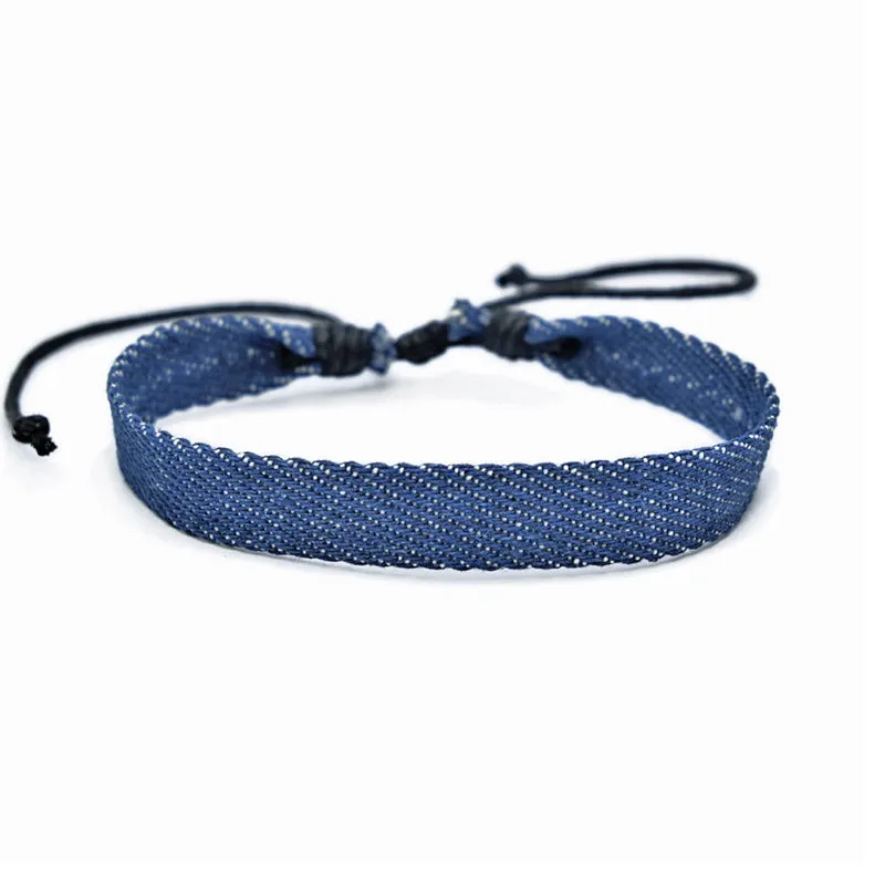 Denim fabric bracelet strap with mixed materials in one of eleven colour options for travel memorial use