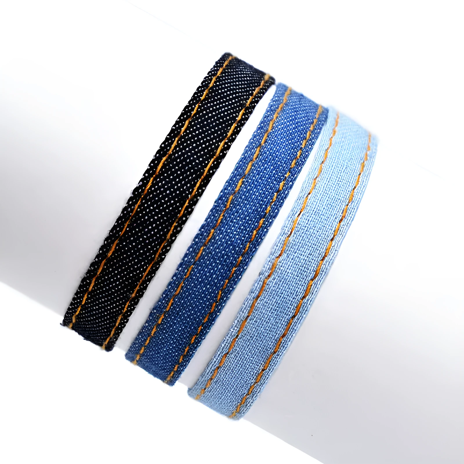 Denim fabric bracelet strap with mixed materials in one of eleven colour options for travel memorial use