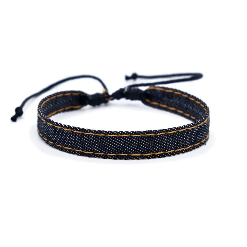 Denim fabric bracelet strap with mixed materials in one of eleven colour options for travel memorial use