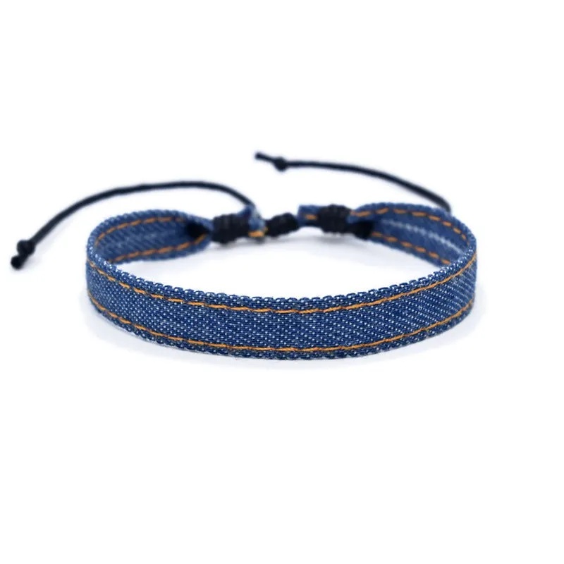 Denim fabric bracelet strap with mixed materials in one of eleven colour options for travel memorial use
