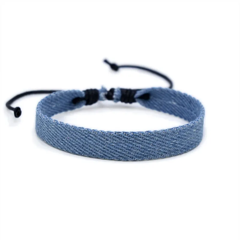 Denim fabric bracelet strap with mixed materials in one of eleven colour options for travel memorial use