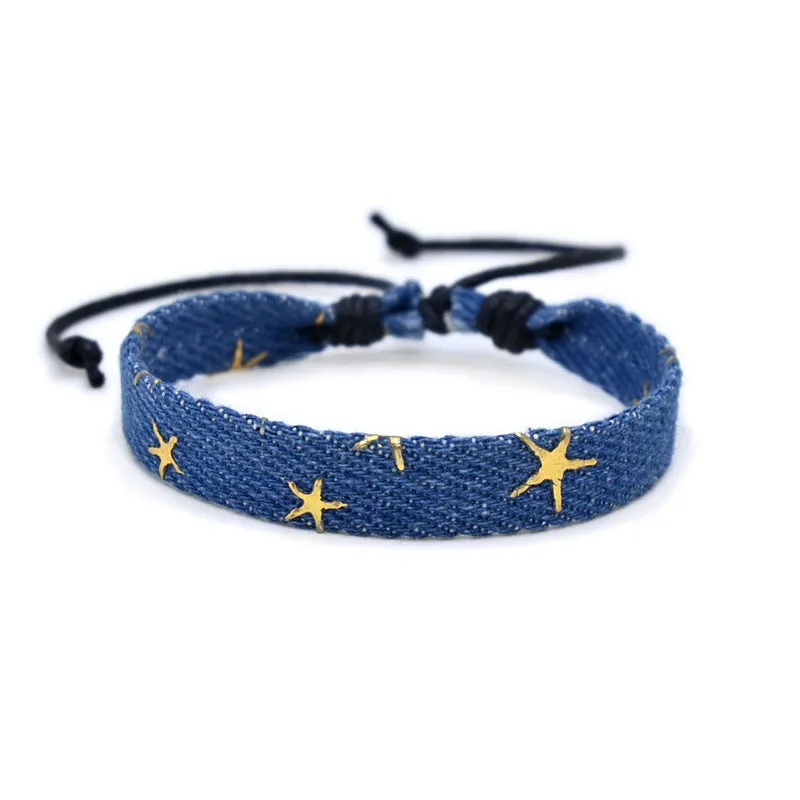 Denim fabric bracelet strap with mixed materials in one of eleven colour options for travel memorial use