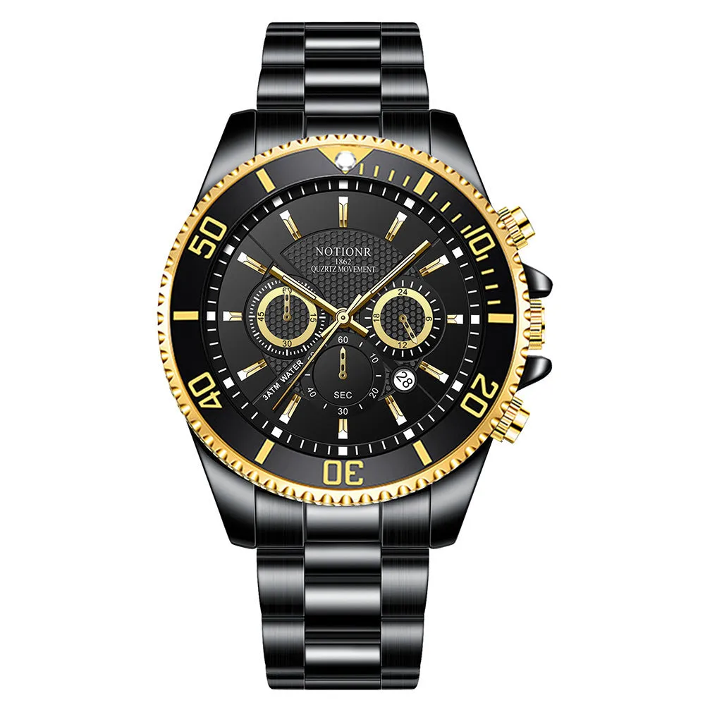 Men's gold green stainless steel quartz watch with luminous dial and calendar, 42mm, 30m water resistant